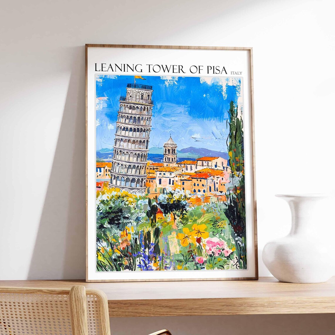 Leaning Tower of Pisa Italy Wildflower Meadow Hillside Town Poster