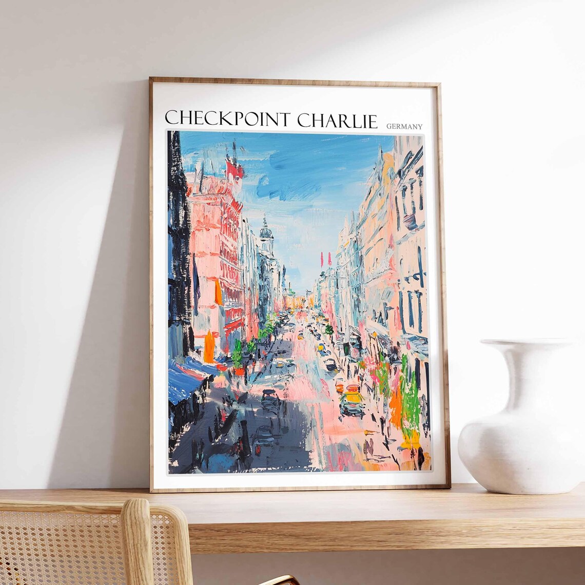 Checkpoint Charlie Berlin Pastel City Street and Cars Oil Poster
