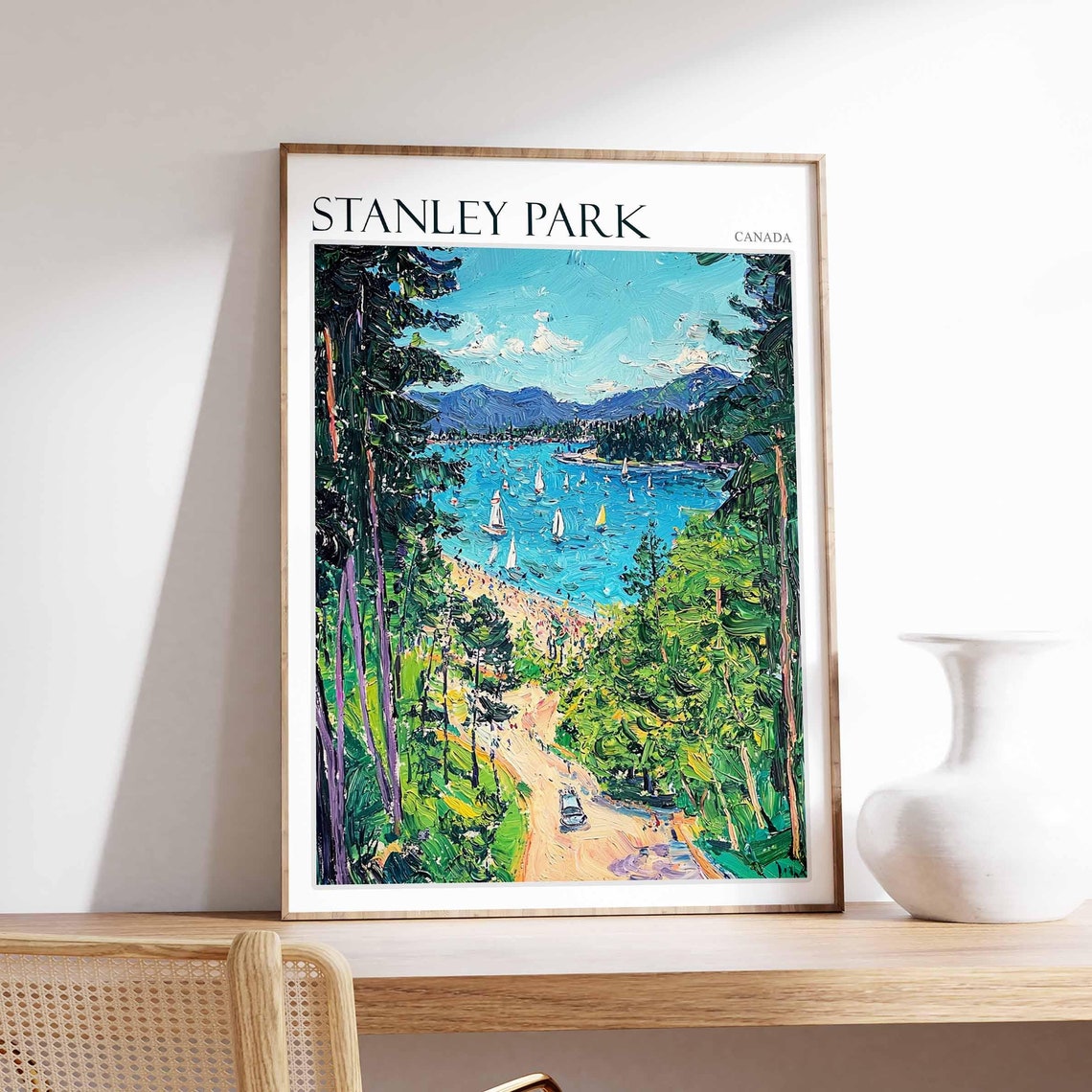Stanley Park Green Forest Path Beach Sailboats Canada Travel Poster