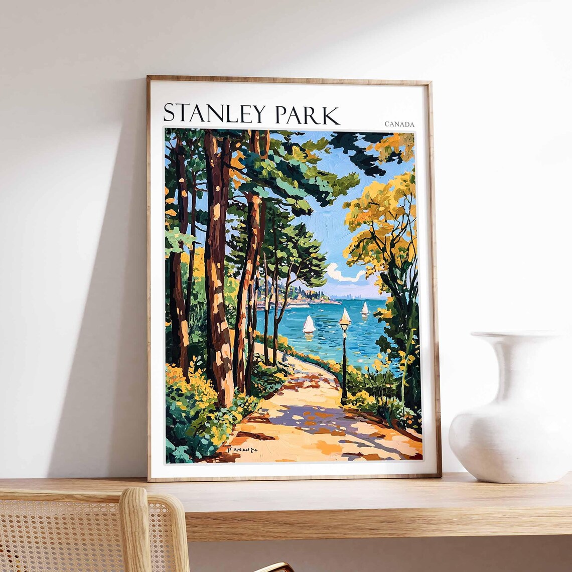 Stanley Park Shaded Path Lamppost Sailboat Bay Canada Travel Poster