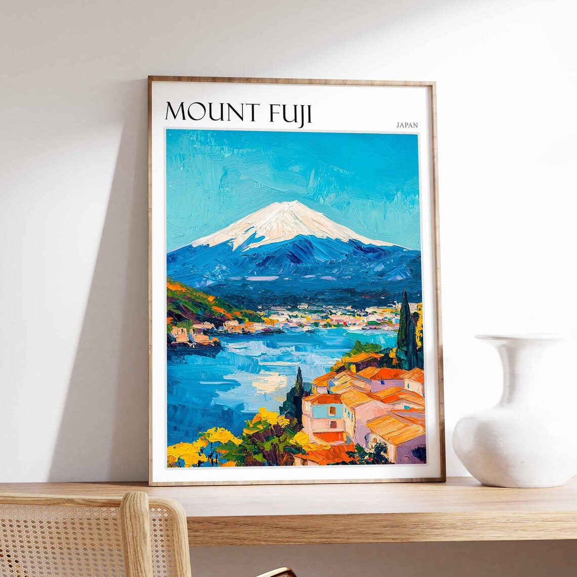 Mount Fuji Japan Red Roofed Hillside Town Sparkling Lake Poster