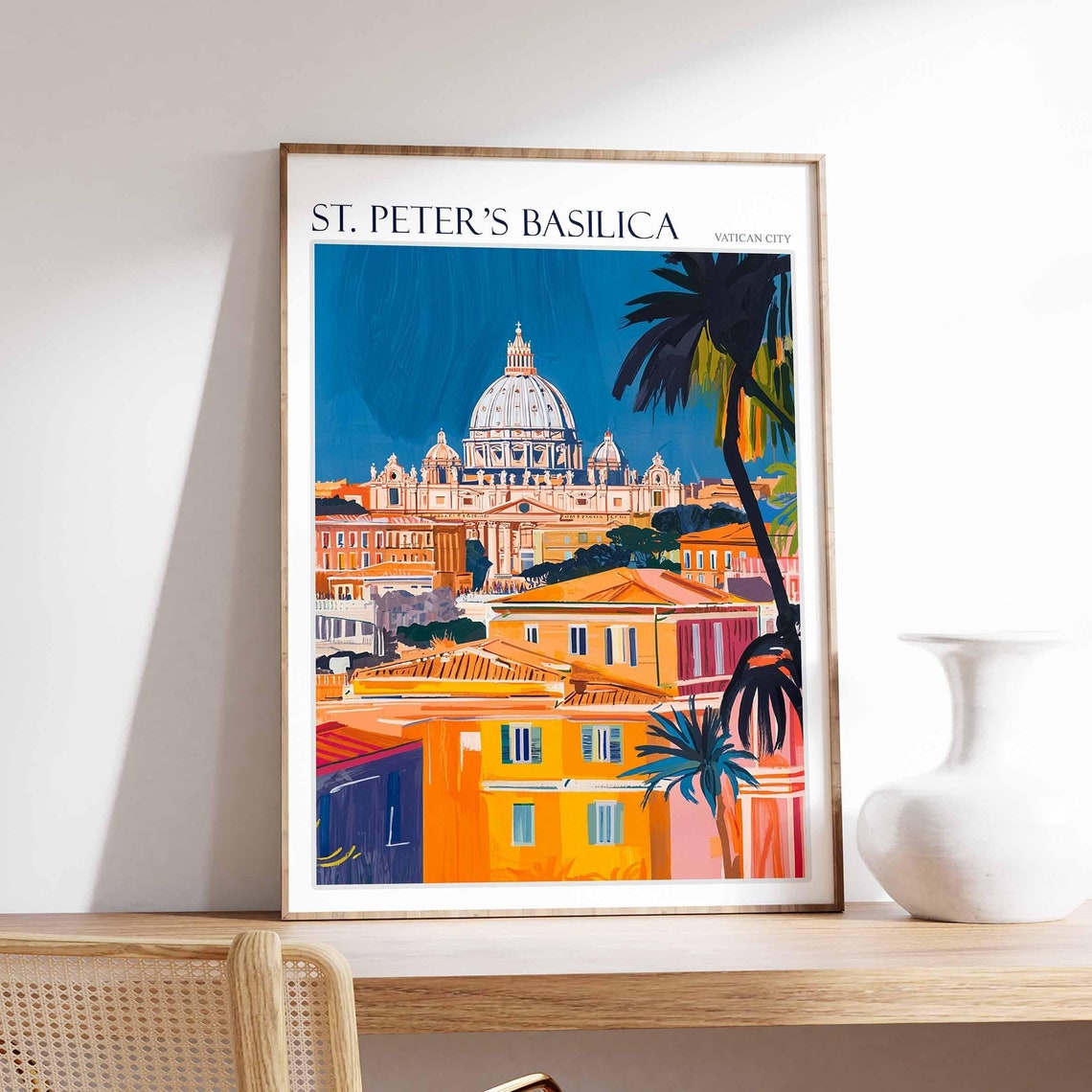 St. Peter's Basilica Dome Palm Tree Orange Rooftops Travel Poster