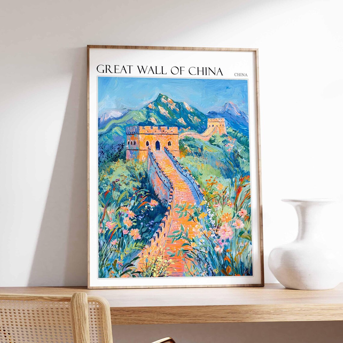 Great Wall of China Curving Wall Over Wildflower Hill Poster