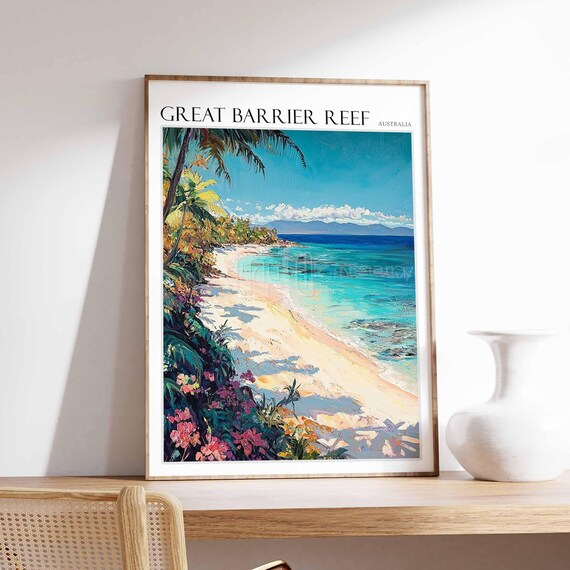 Great Barrier Reef Australia Tropical Beach Palm Scene Poster