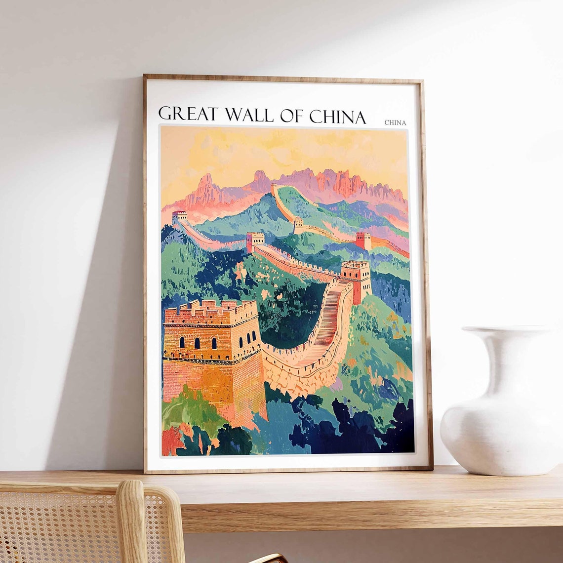 Great Wall of China Sunset Mountain Watchtower Vista Scene Poster