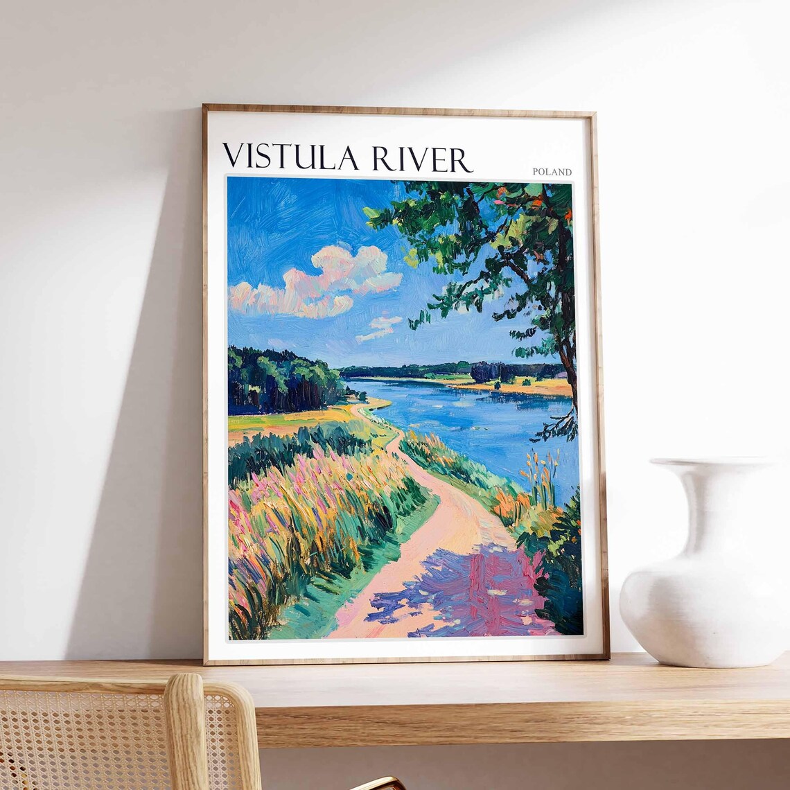 Vistula River Poland Meadow Path Riverside Sunny Painting Poster