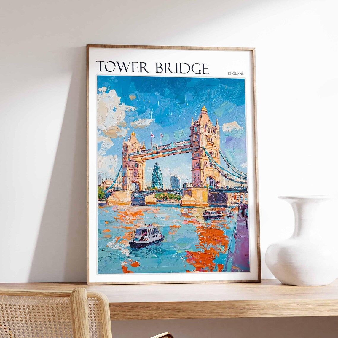 Tower Bridge River Boats Gherkin Impasto Painted London Art Poster