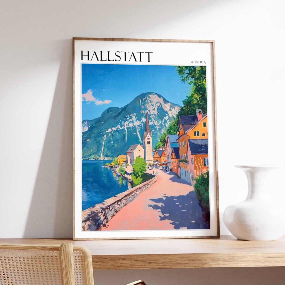 Hallstatt Austria Painted Village Street Lake Church Travel Poster