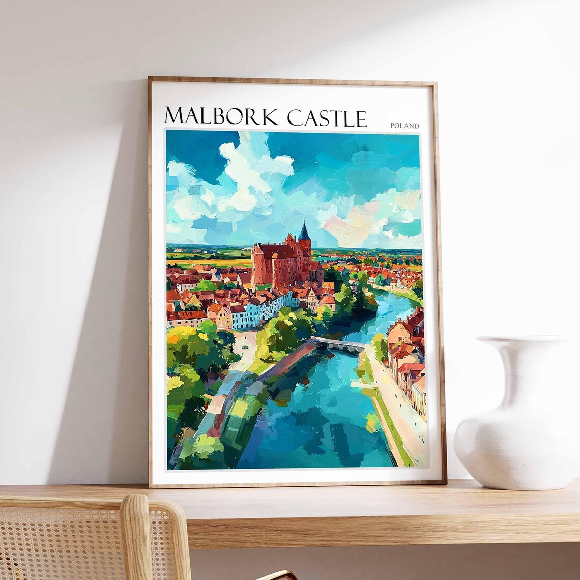 Malbork Castle Poland Riverside Aerial View Oil Painting Travel Poster