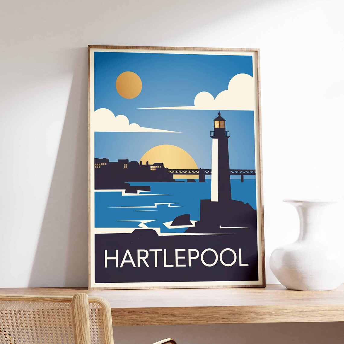 Hartlepool Lighthouse Sunset Retro Travel Poster England Coastal Art