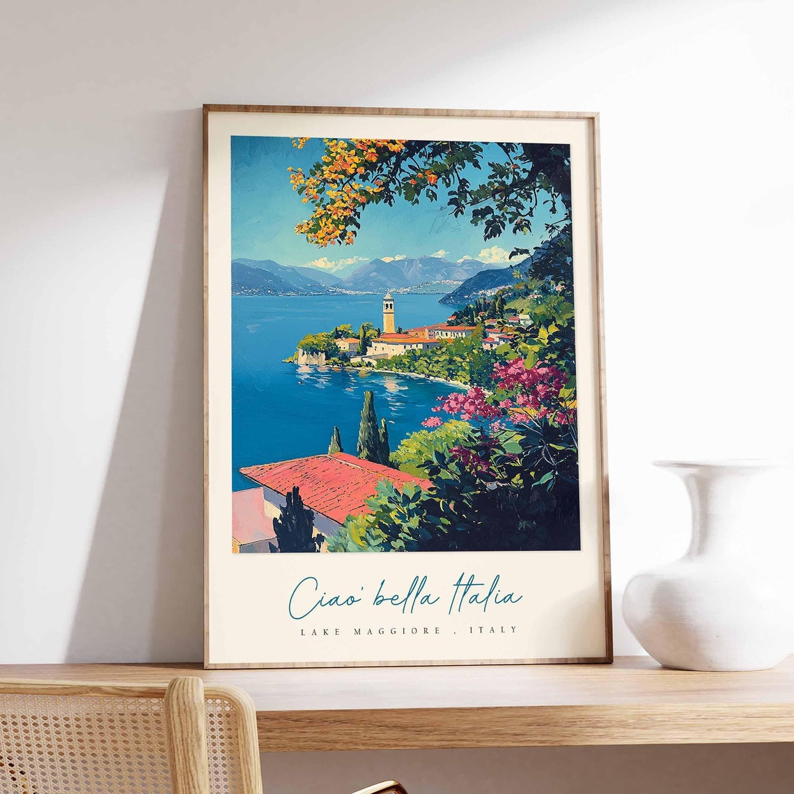 Lake Maggiore Italy Blossom Overlook Bell Tower Point Town View Poster
