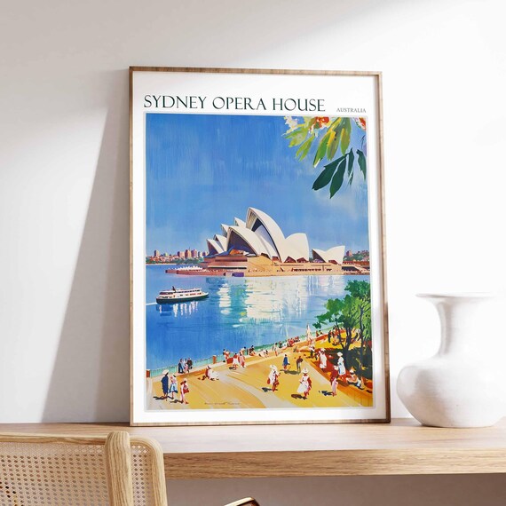 Sydney Opera House Australia Promenade Crowds Ferry Vintage Travel Poster