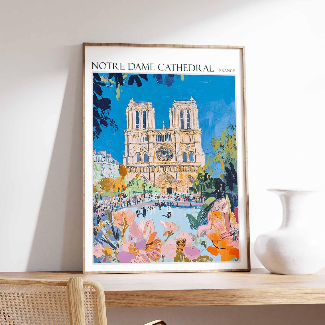Notre Dame Cathedral Front View Colorful Flowers Crowd Poster
