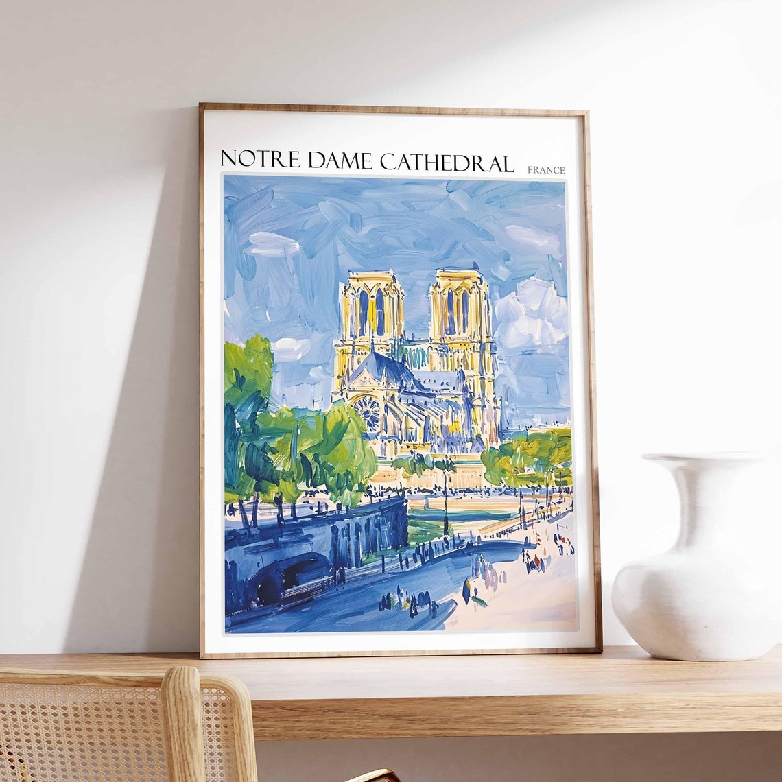 Notre Dame Cathedral Poster Notre Dame Cathedral Travel Print France Travel Poster Tropical Decor Travel Gift Floral Print