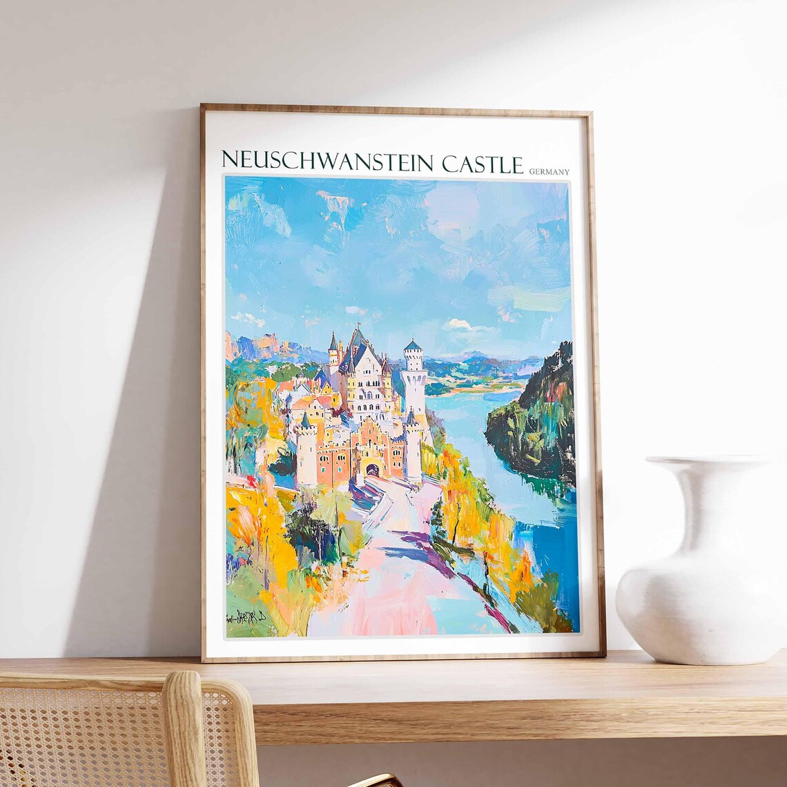 Neuschwanstein Castle Watercolor Road Lake Scenic Art Poster
