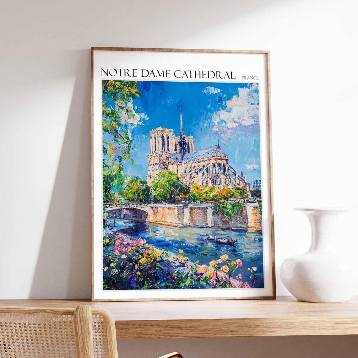 Notre Dame Cathedral Paris Seine Flowers Boat Painting Poster