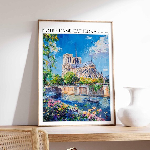 Notre Dame Cathedral Poster Notre Dame Cathedral Travel Print France Travel Poster Tropical Decor Travel Gift Floral Print