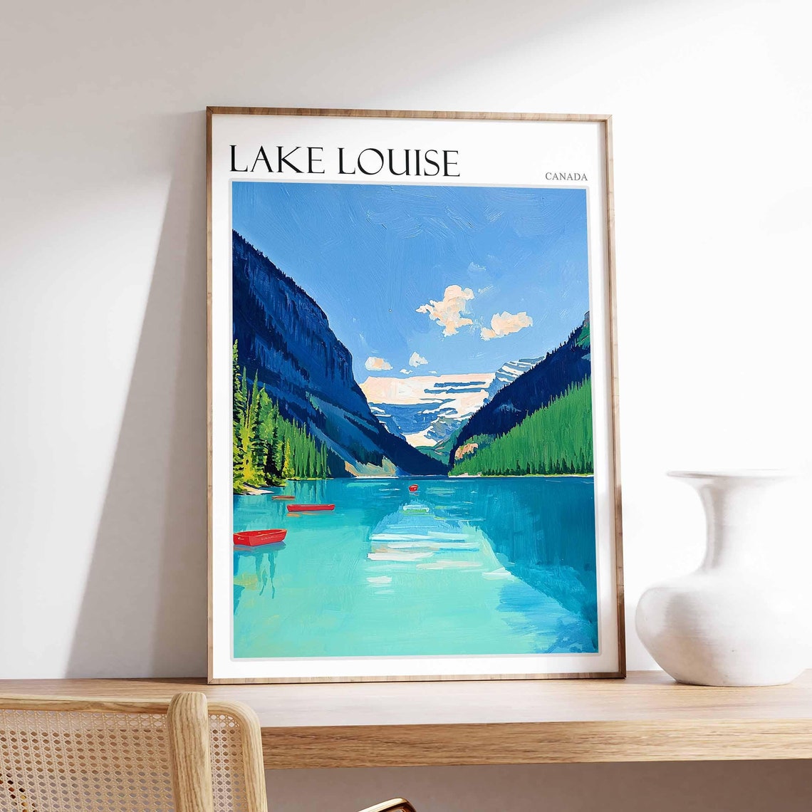 Lake Louise Canada Turquoise Water Red Canoes Mountain Art Poster