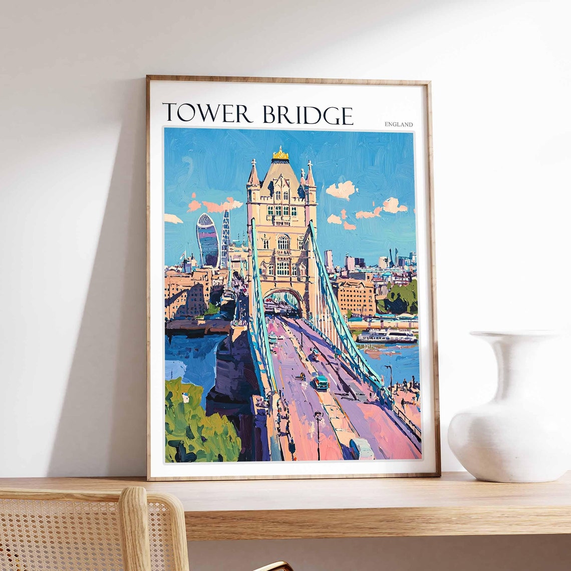 Tower Bridge London Aerial View Gherkin Skyline Painted Art Poster