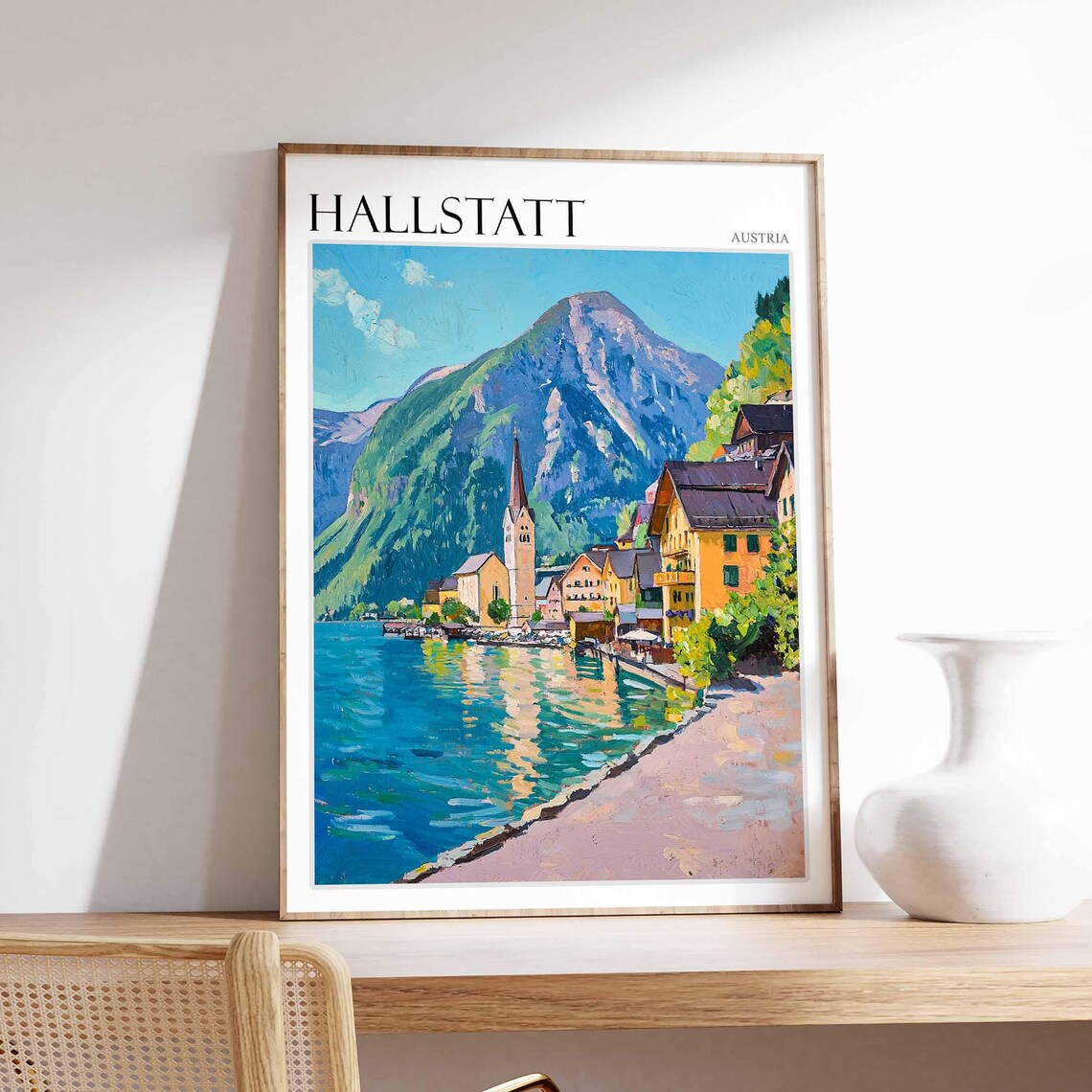 Hallstatt Austria Painted Lakeshore Village Church Travel Poster
