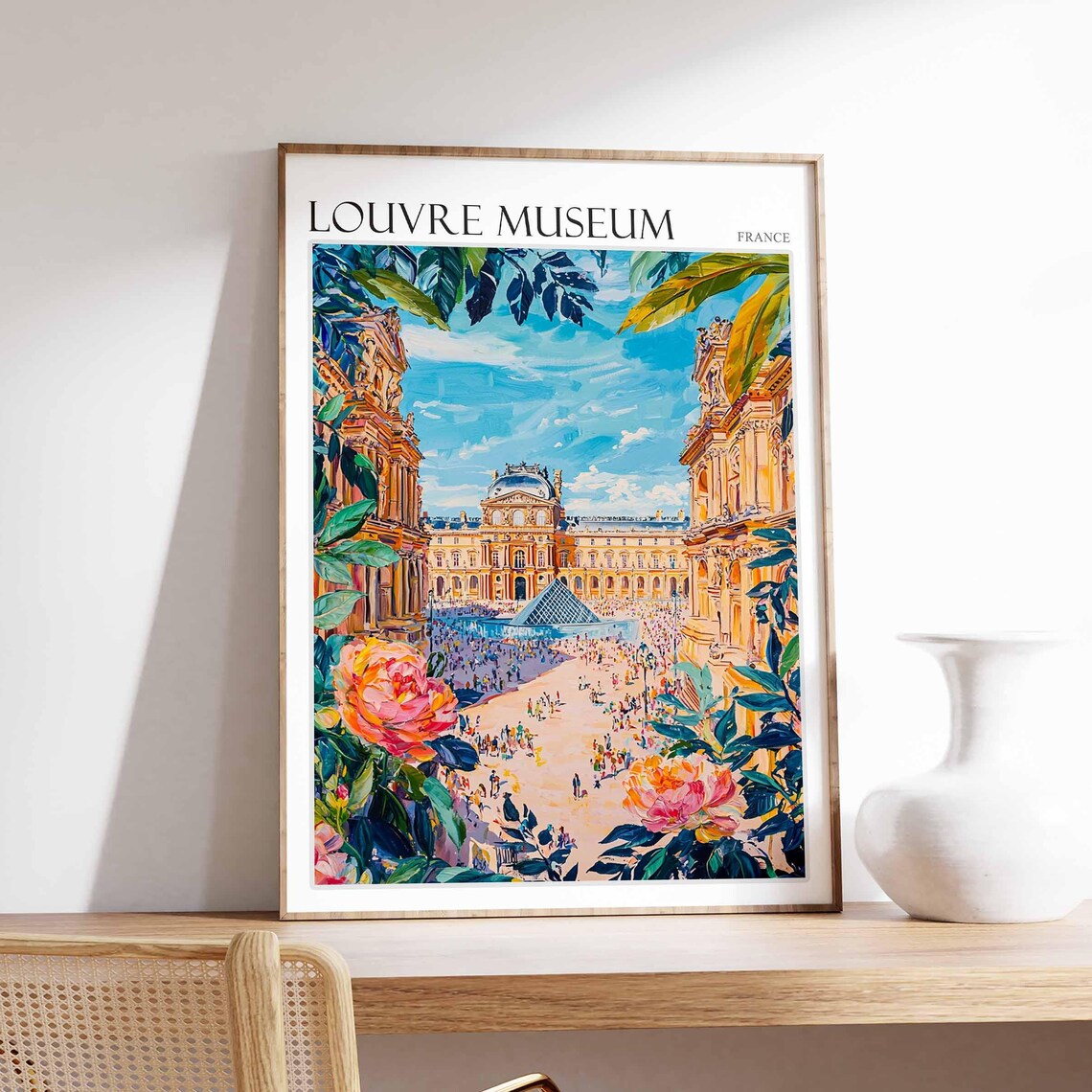 Louvre Museum Courtyard Rose Bloom Vibrant Painting France Poster