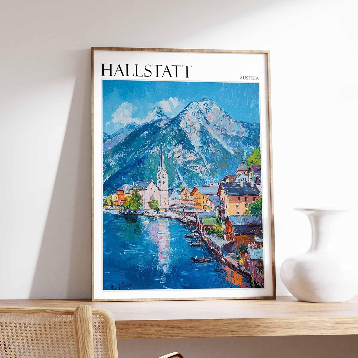 Hallstatt Austria Impasto Lake Reflection Oil Painting Poster