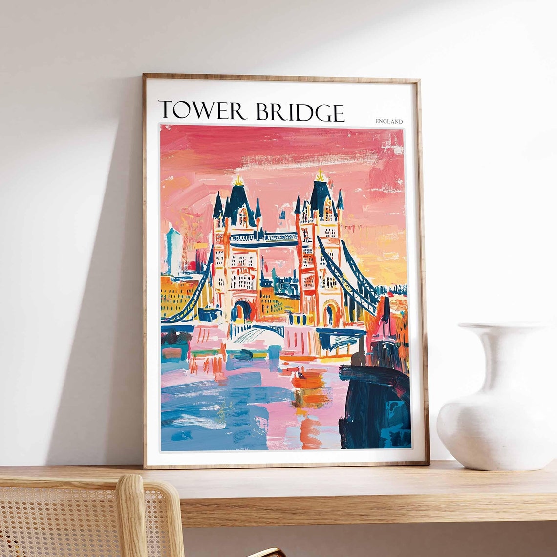 Tower Bridge Red Sky Sunset Thames Reflection Painted Art Poster