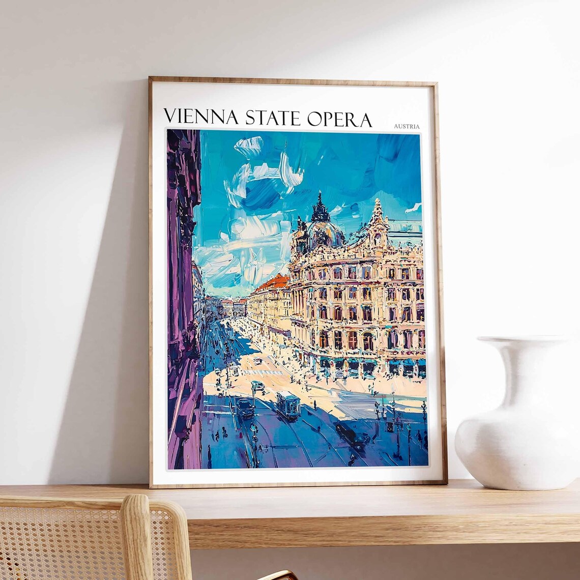 Vienna State Opera Austria Poster Grand City Street With Tram Scene