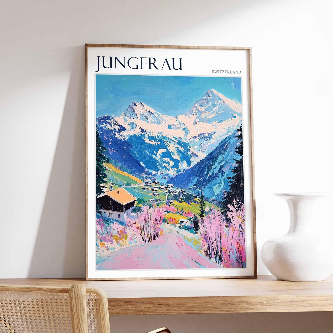 Jungfrau Switzerland Blossom Valley Chalet Village Travel Poster