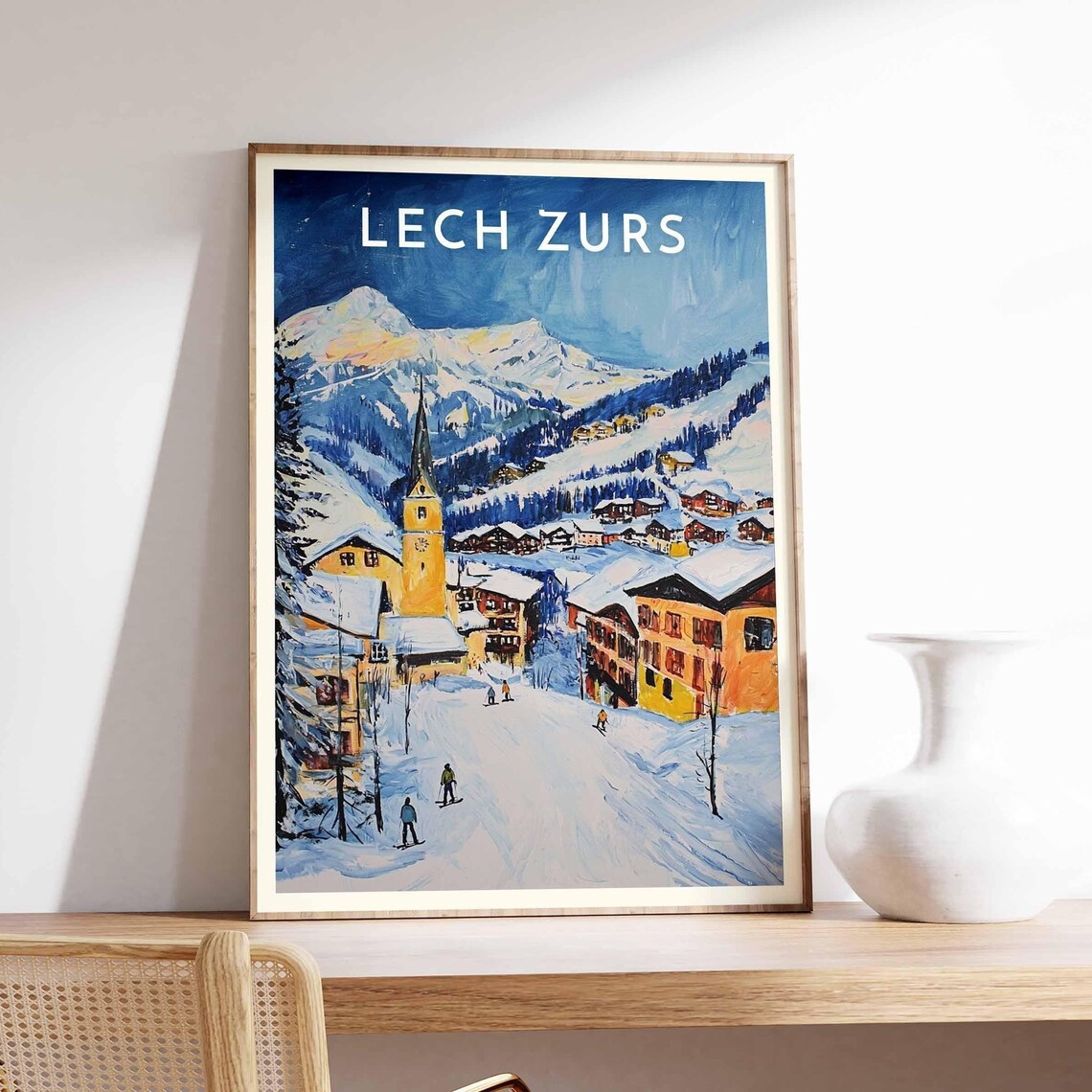 Lech Zurs Austria Village Church Spire Skiers Snowy Peaks Poster