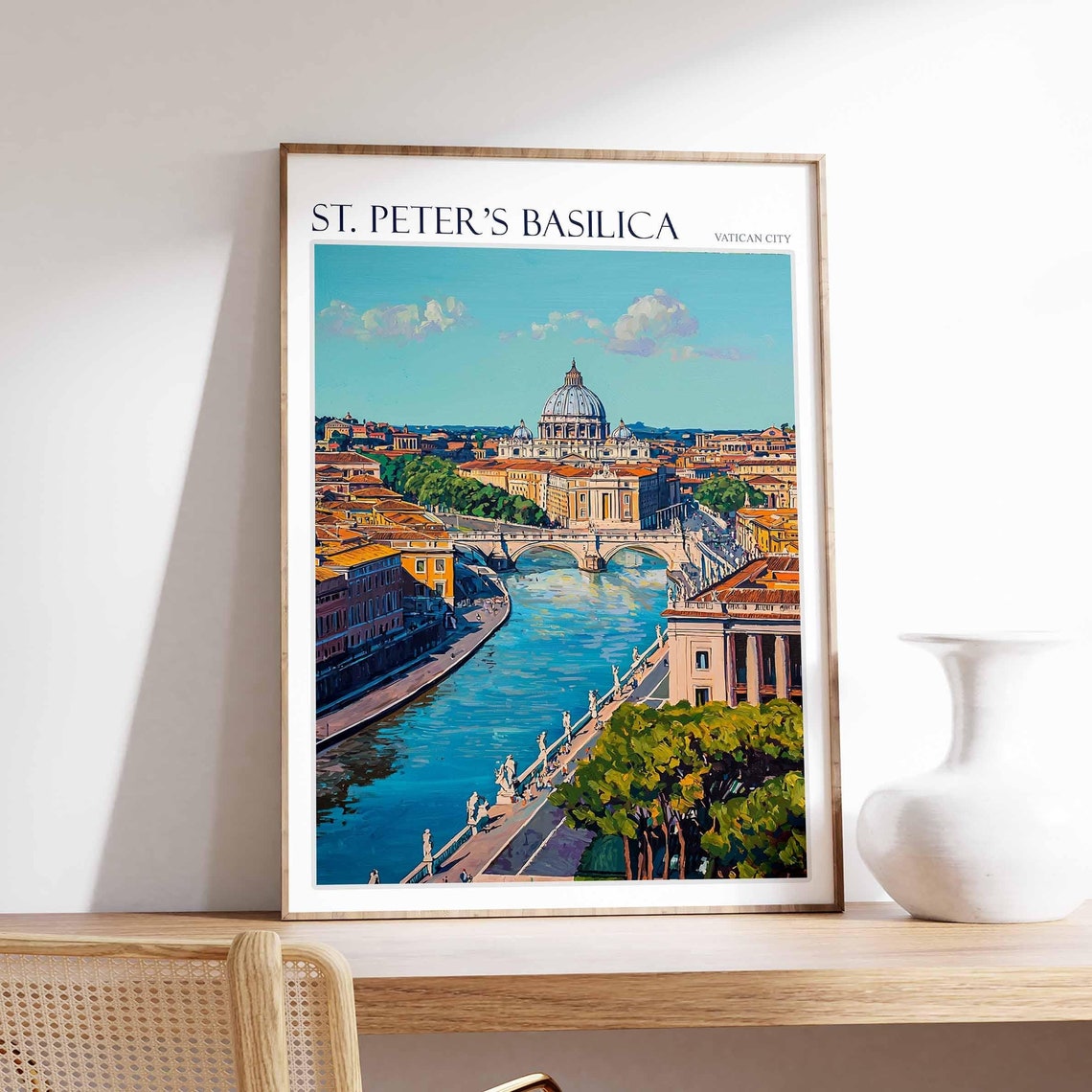 St. Peter's Basilica River Bridge Rome Cityscape Travel Poster
