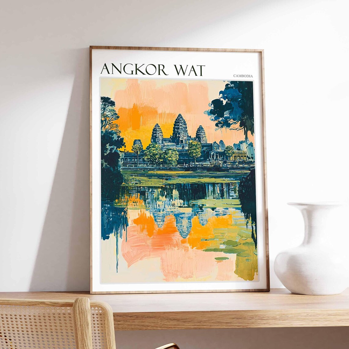 Angkor Wat Cambodia Fiery Sunset Reflection Colorful Art Poster
