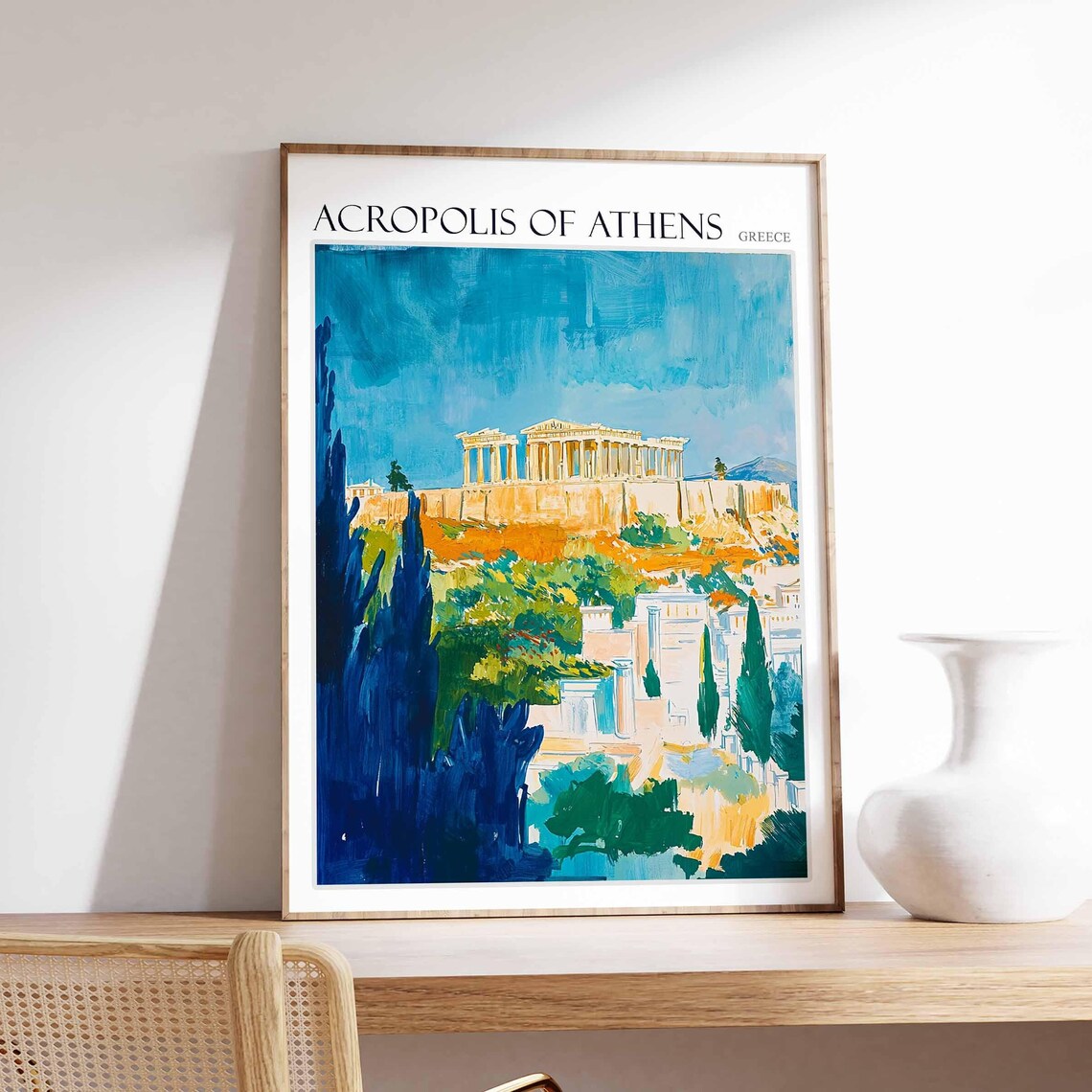 Acropolis Of Athens Greece Parthenon Cypress Blue Sky Travel Poster