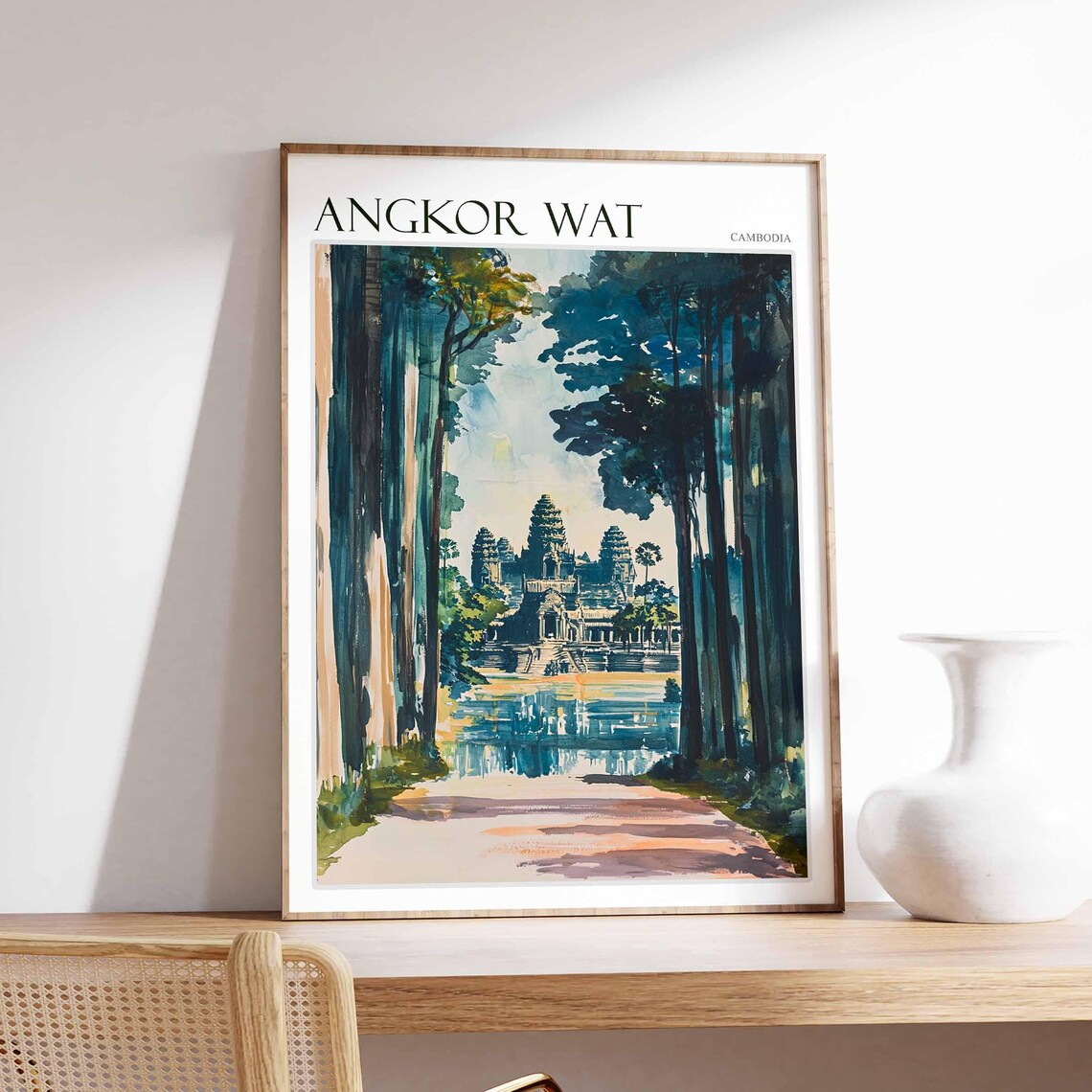 Angkor Wat Cambodia Forest Pathway Watercolor Painting Art Poster