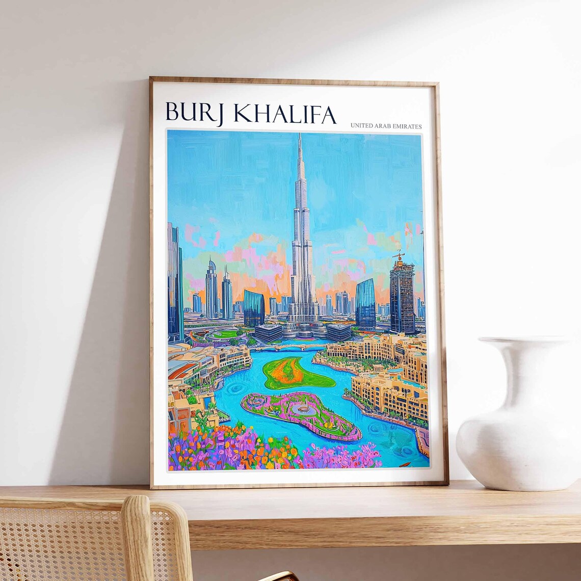 Burj Khalifa Dubai Skyline Fountain Lake Flower Garden Poster