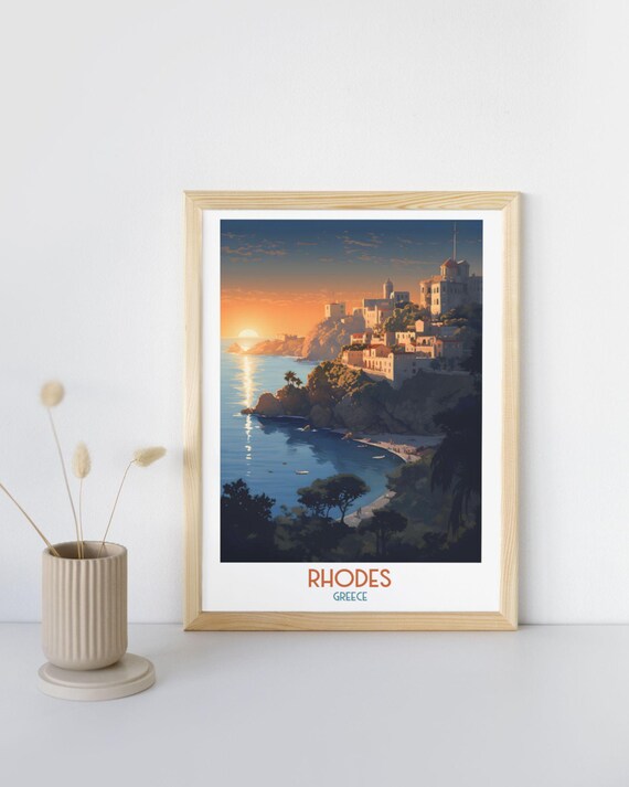 Rhodes Greece Sunset Over Bay and Hillside Town Travel Art Print
