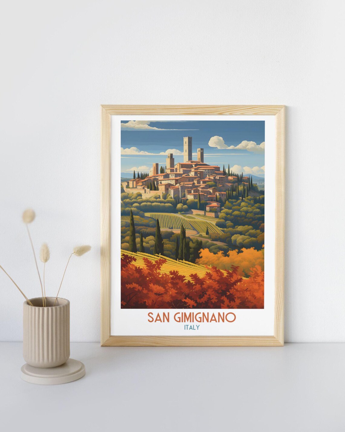San Gimignano Italy Medieval Towers Vineyard Hills Tuscan Travel Poster