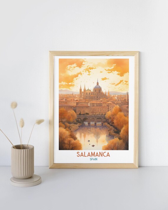 Salamanca Spain Golden Cathedral Sunset River Bridge Glow Travel Poster
