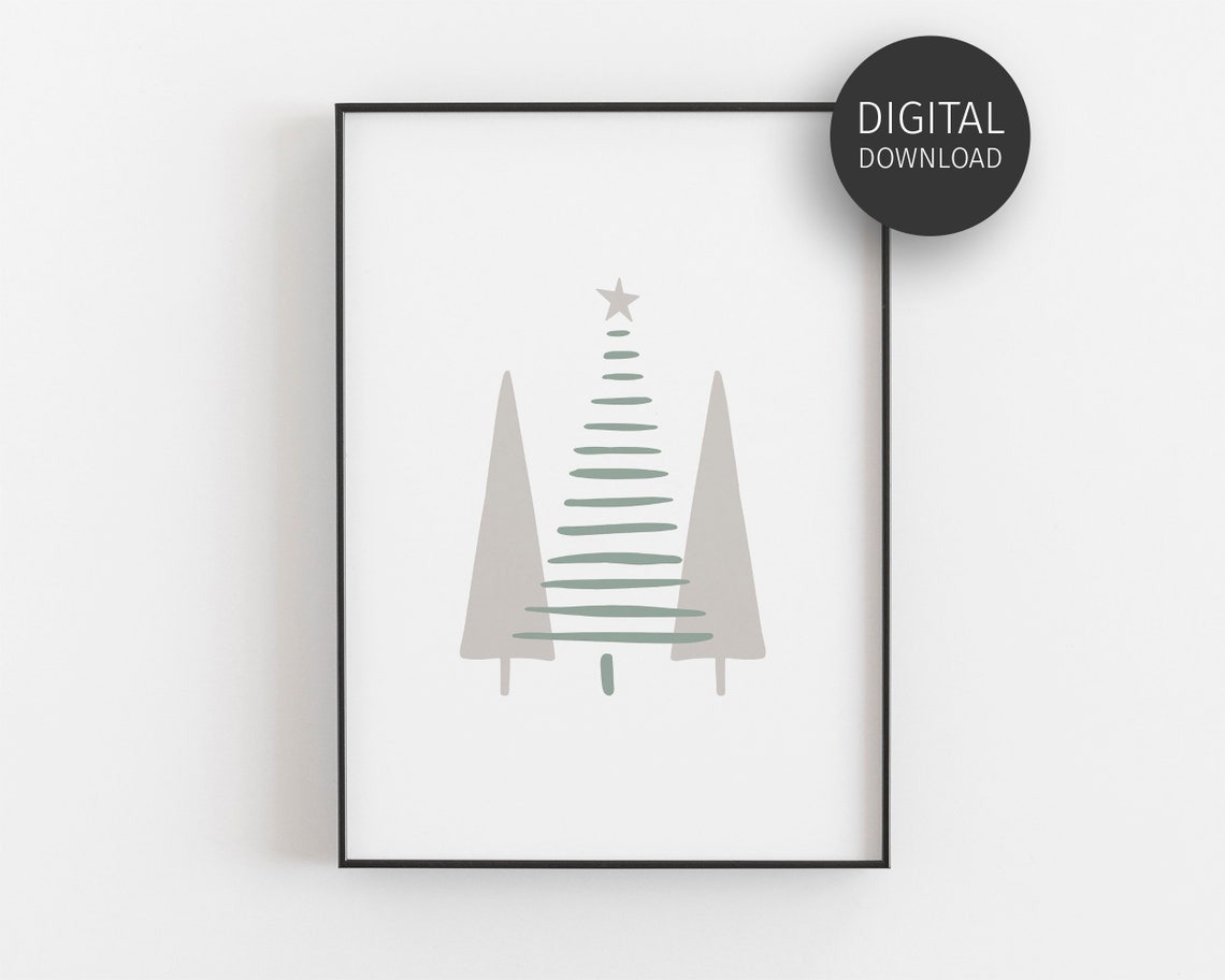 Minimalist Abstract Christmas Trees Sage Green Beige Wall Art