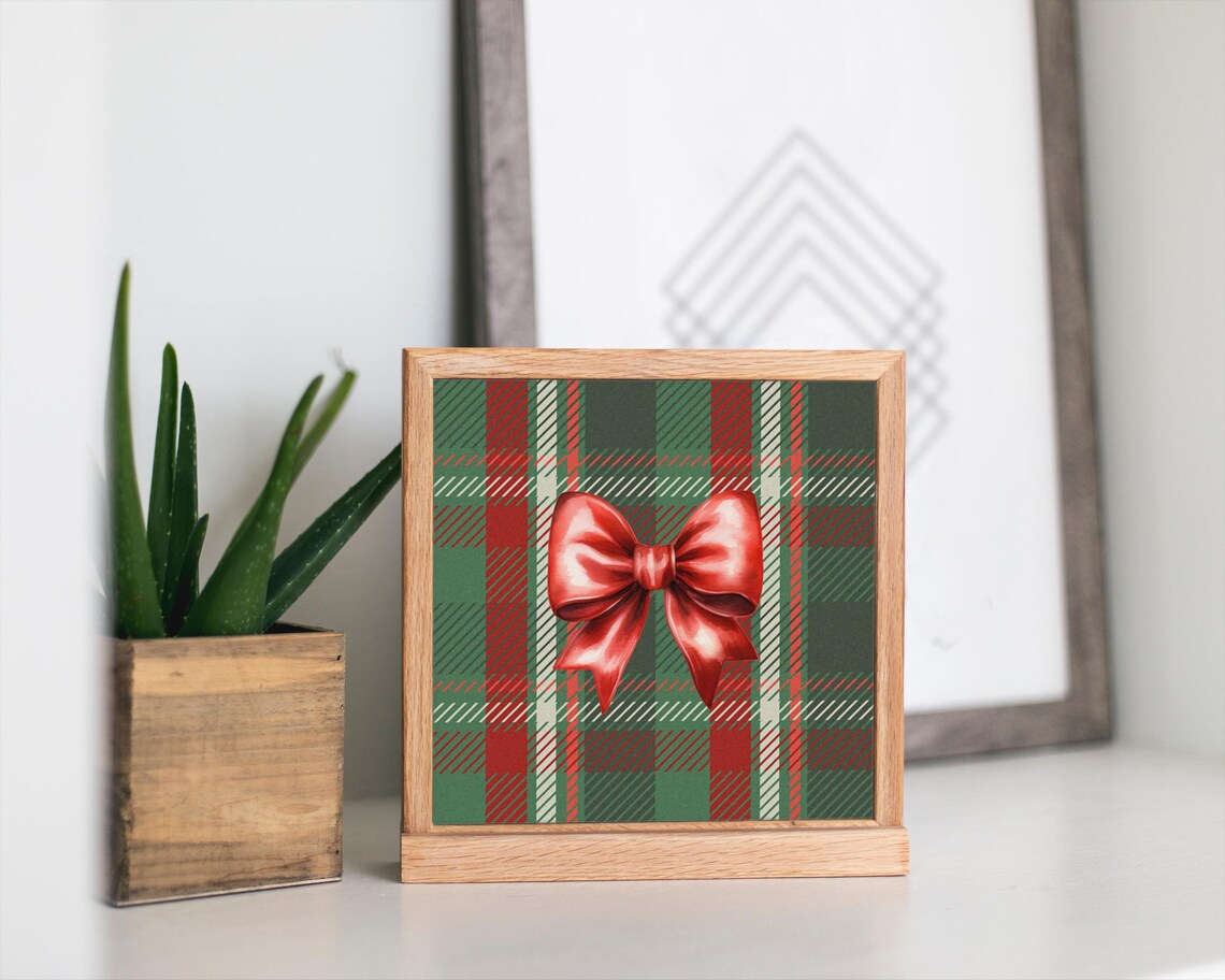 Red Satin Bow Plaid Tartan Watercolor Christmas Holiday Art Poster - Image 3