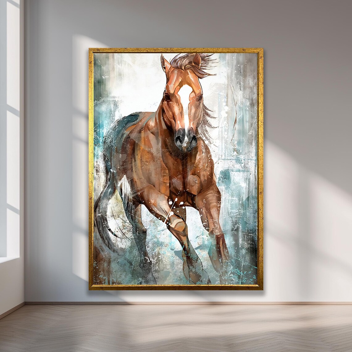 Galloping Chestnut Horse Dynamic Equine Painting Splash Brushwork Art Poster