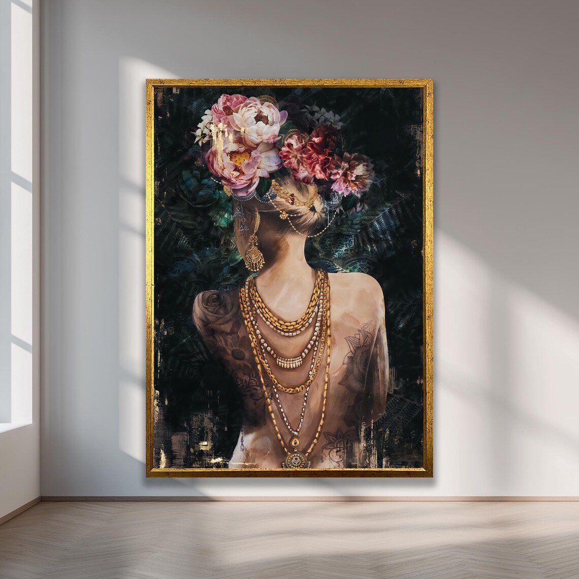 Floral Crown Woman Back Portrait Gold Necklaces Dark Botanical Poster