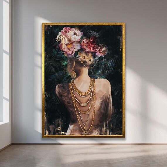 Floral Crown Woman Back Portrait Gold Necklaces Dark Botanical Poster