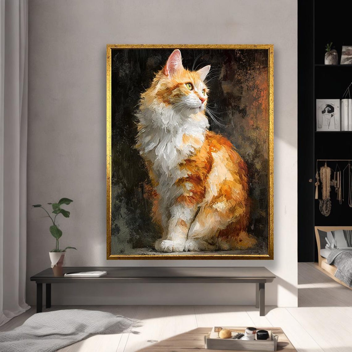 Fluffy Orange Cat Oil Painting Dramatic Dark Pet Portrait Poster