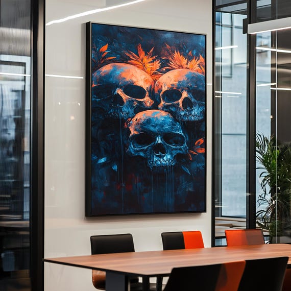 Dark Skull Wall Art Gothic Horror Canvas With Orange Accents