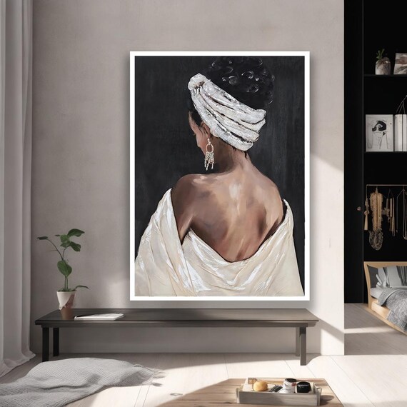 Elegant African Woman White Headwrap Oil Portrait Painting Poster