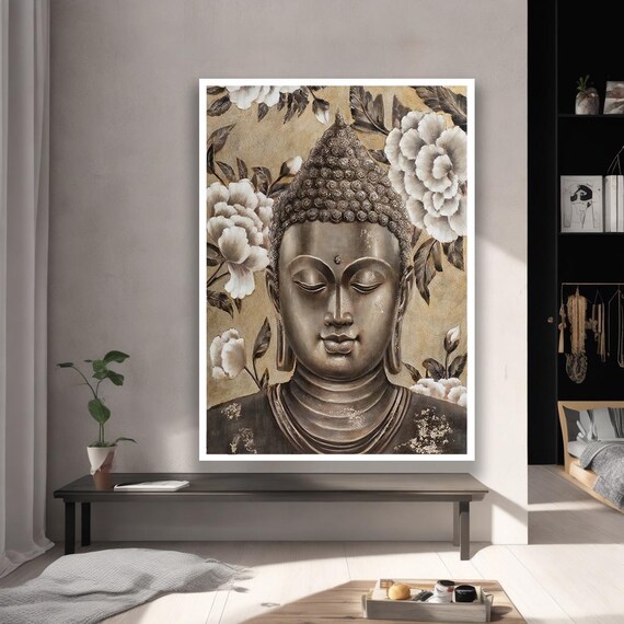 Framed Gold Silver Buddha Canvas Art Elegant Floral Design