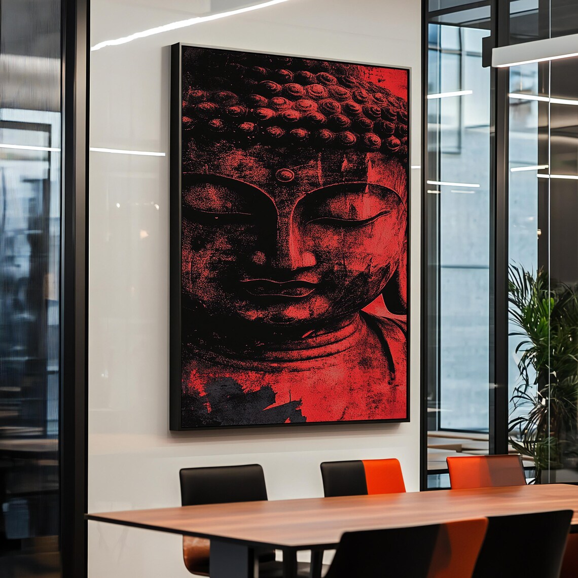 Bold Red and Black Buddha Face Spiritual Meditation Wall Art