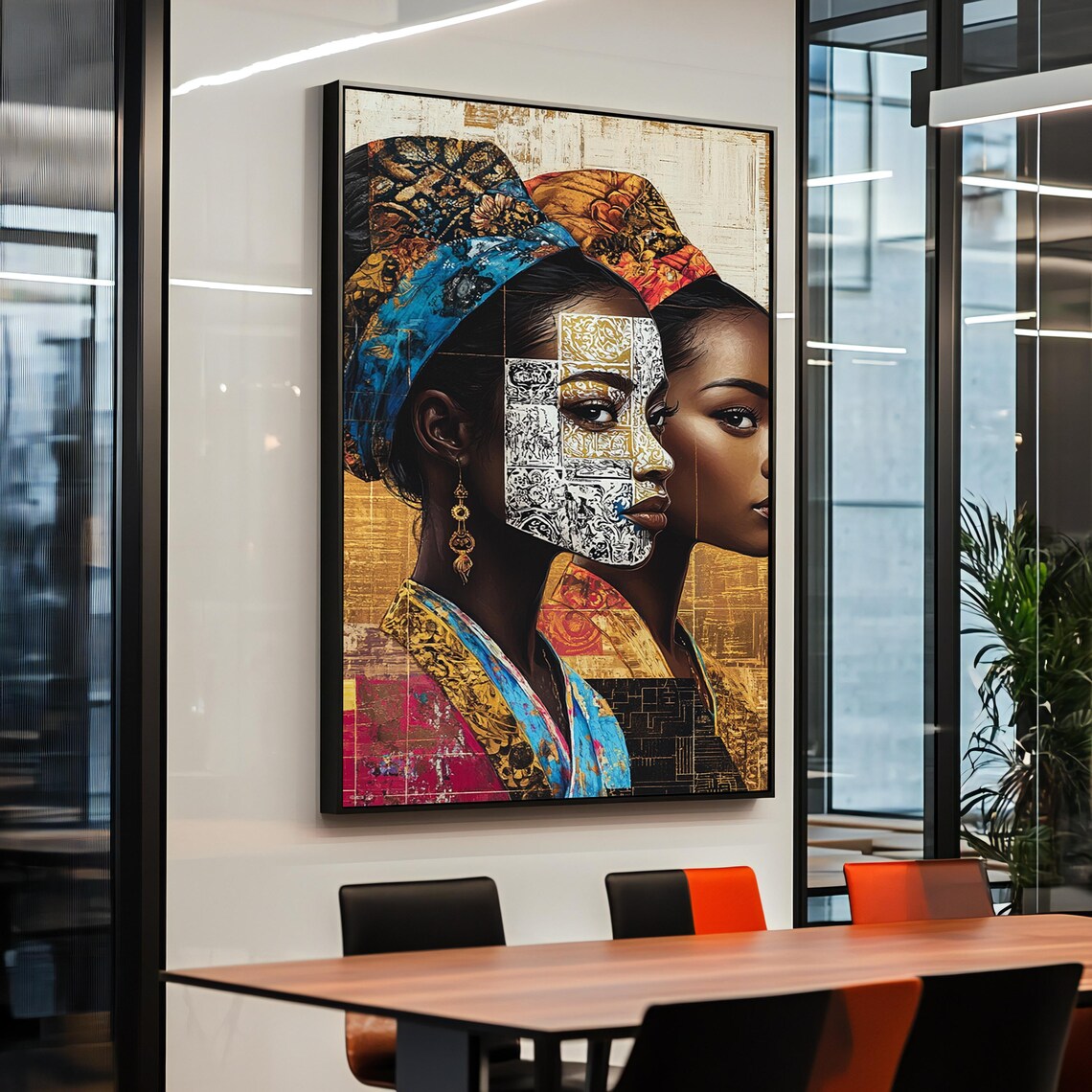 African Women Golden Mask Faces Modern Cultural Portrait Art Poster