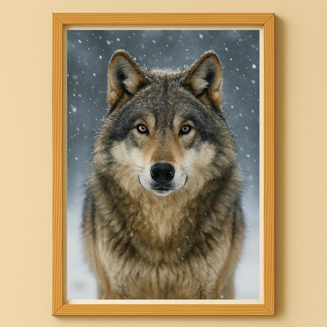 Grey Wolf Portrait in Falling Snow Wildlife Photography Poster